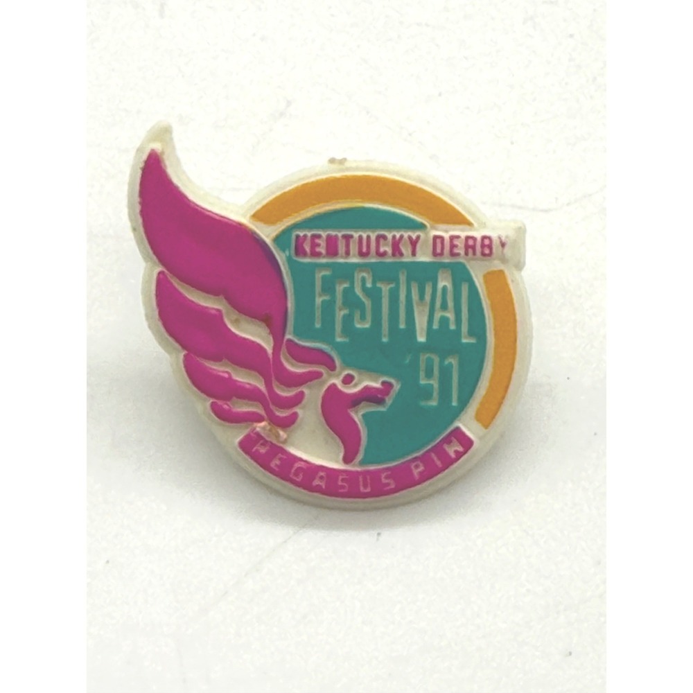 Vintage 1991 Kentucky Derby Festival Pegasus Pin Retro Magenta Teal Souvenir